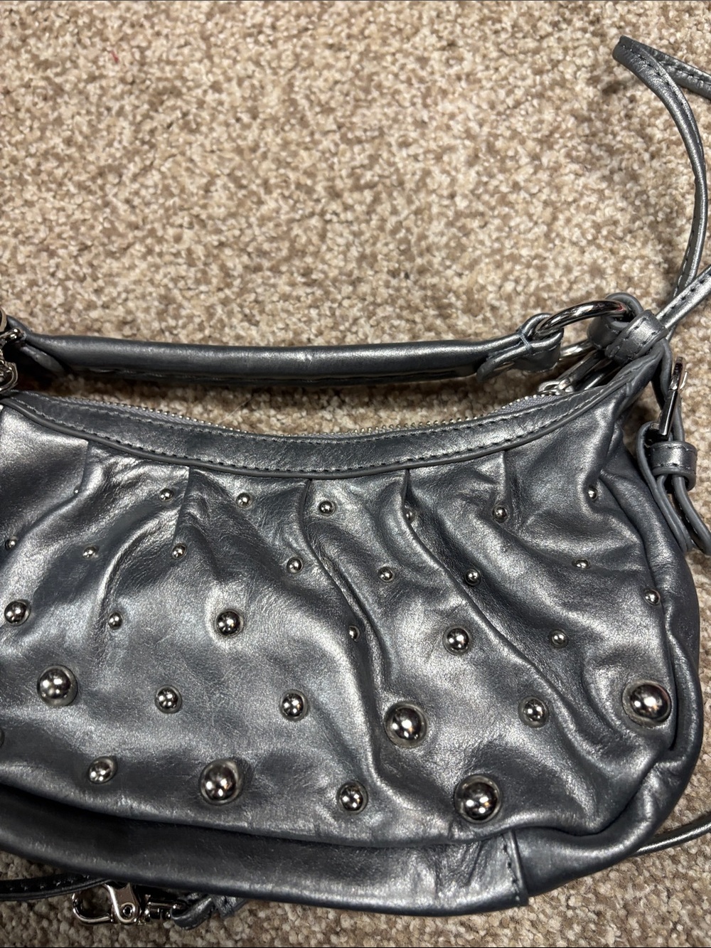 Badgley Mischka Metallic Gunmetal Studded Leather Shoulder Bag - vintage - Picture 3 of 9